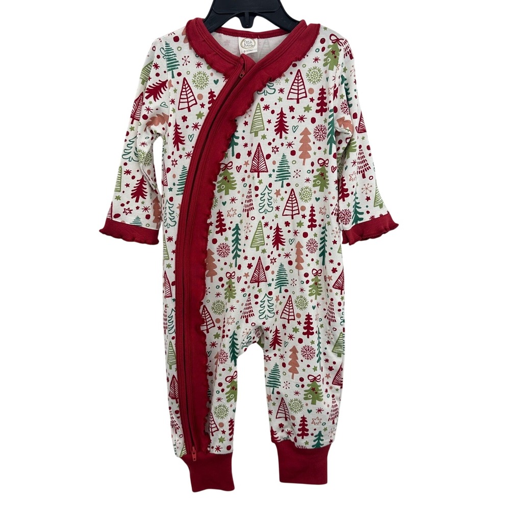 Tesa Babe Christmas Tree Print Bamboo Ruffle Zipper Footed Pajamas 9-12M NWT